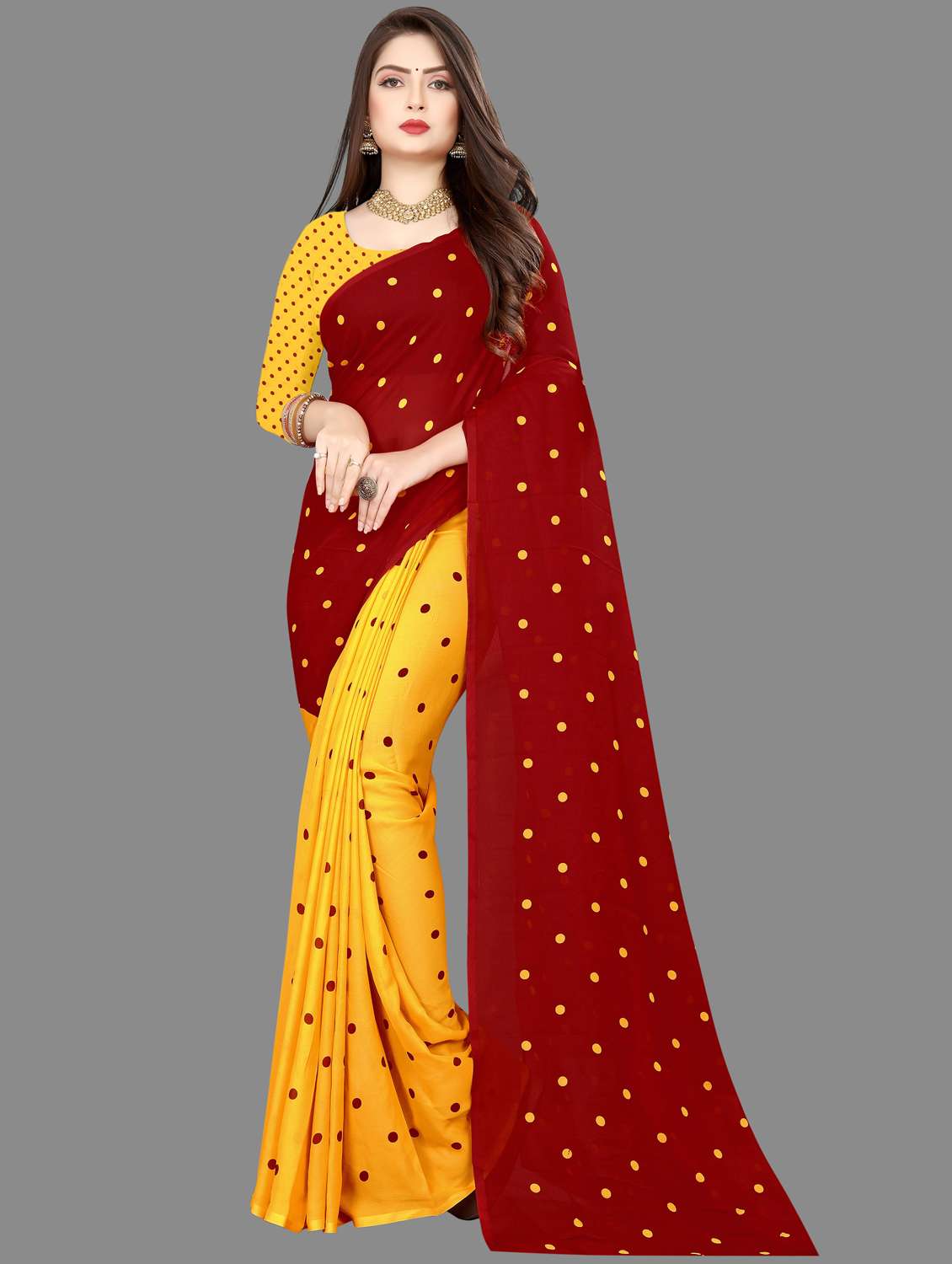women red polka dots printed saree with blouse