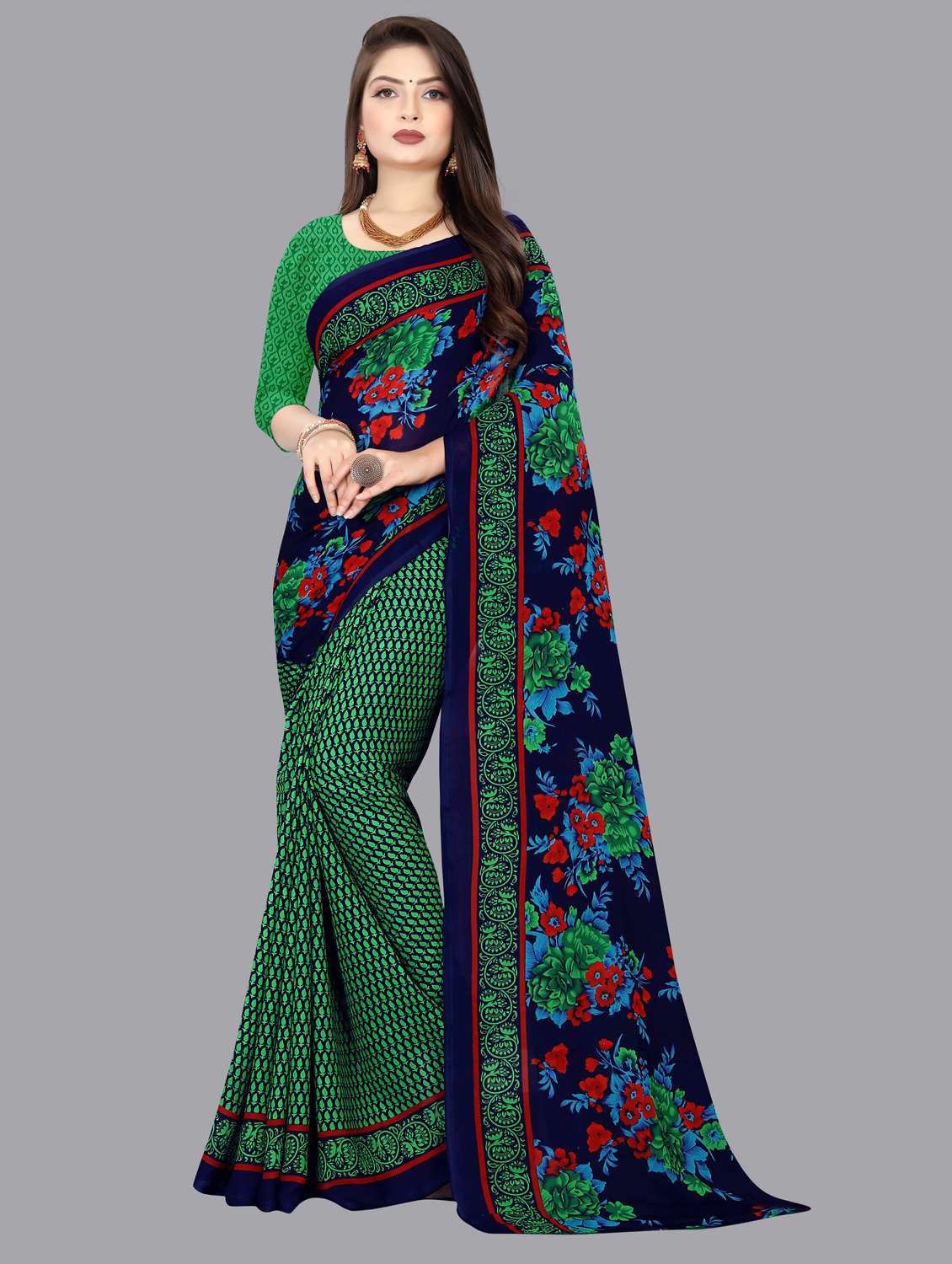 women green floral printed saree with blouse