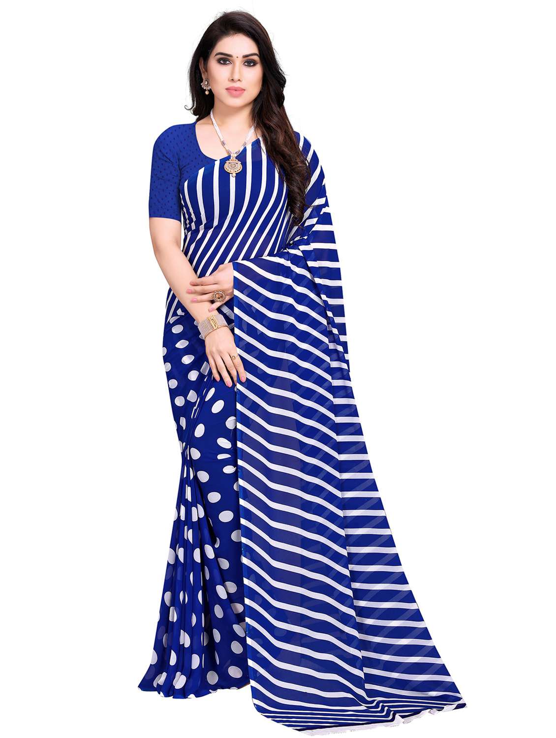 women blue polka dots printed saree with blouse
