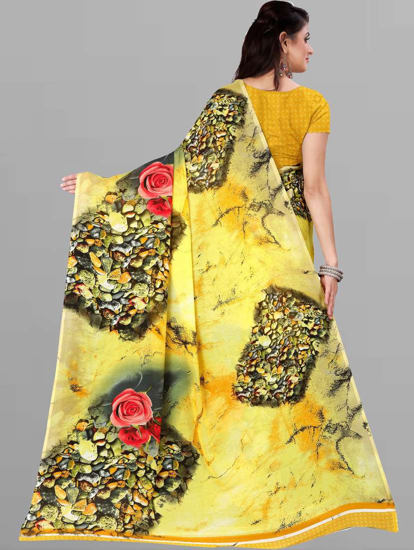 women yellow floral printed georgette saree with blouse - 21410781 -  Standard Image - 2