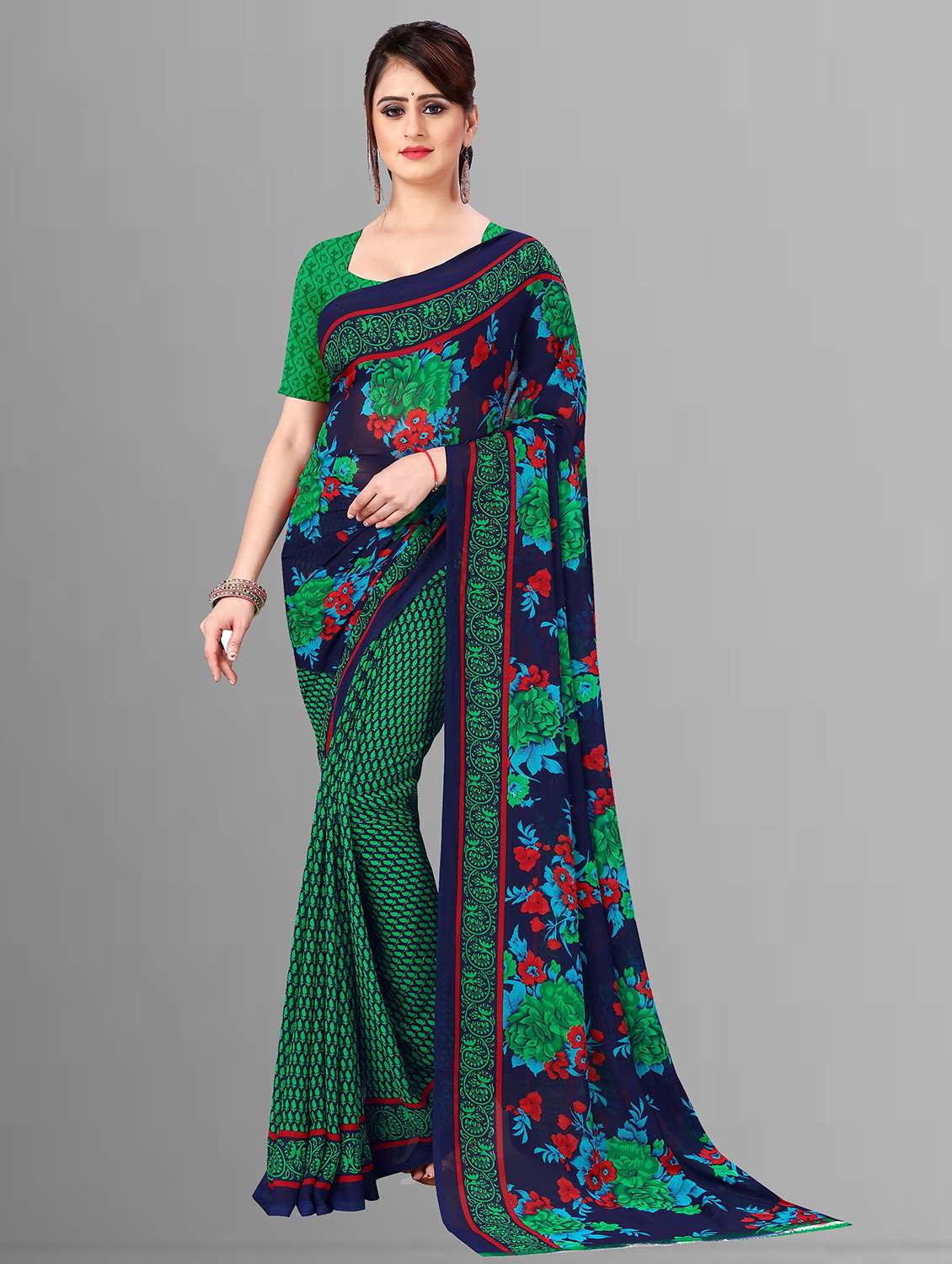 women green floral printed saree with blouse