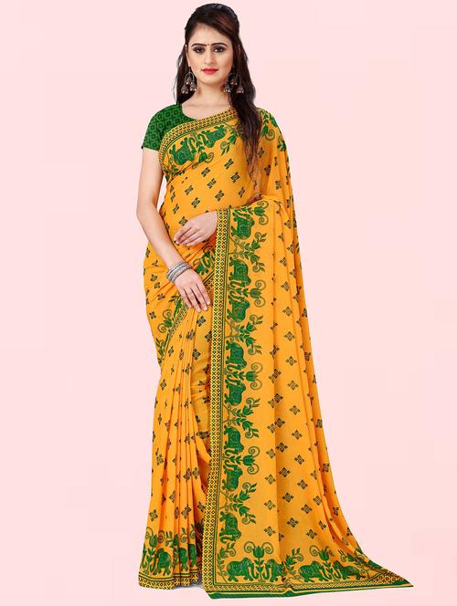 women yellow printed georgette saree with blouse - 21410795 -  Standard Image - 0