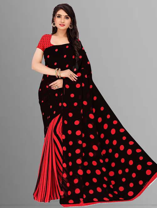 women black polka dots printed saree with blouse - 21410798 -  Standard Image - 0