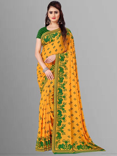 women yellow printed georgette saree with blouse - 21410809 - Standard Image - 0