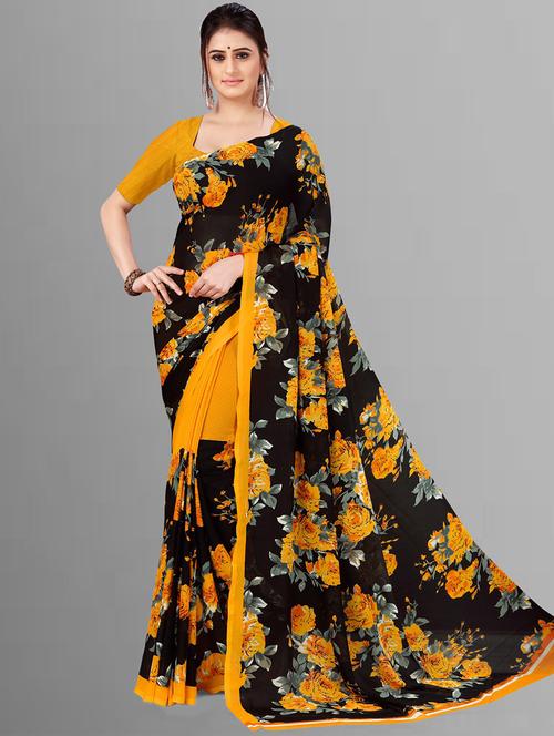 women black floral printed saree with blouse - 21410814 -  Standard Image - 0