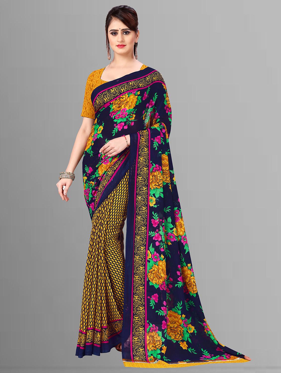 women blue floral printed saree with blouse - 21410815 -  Zoom Image - 0