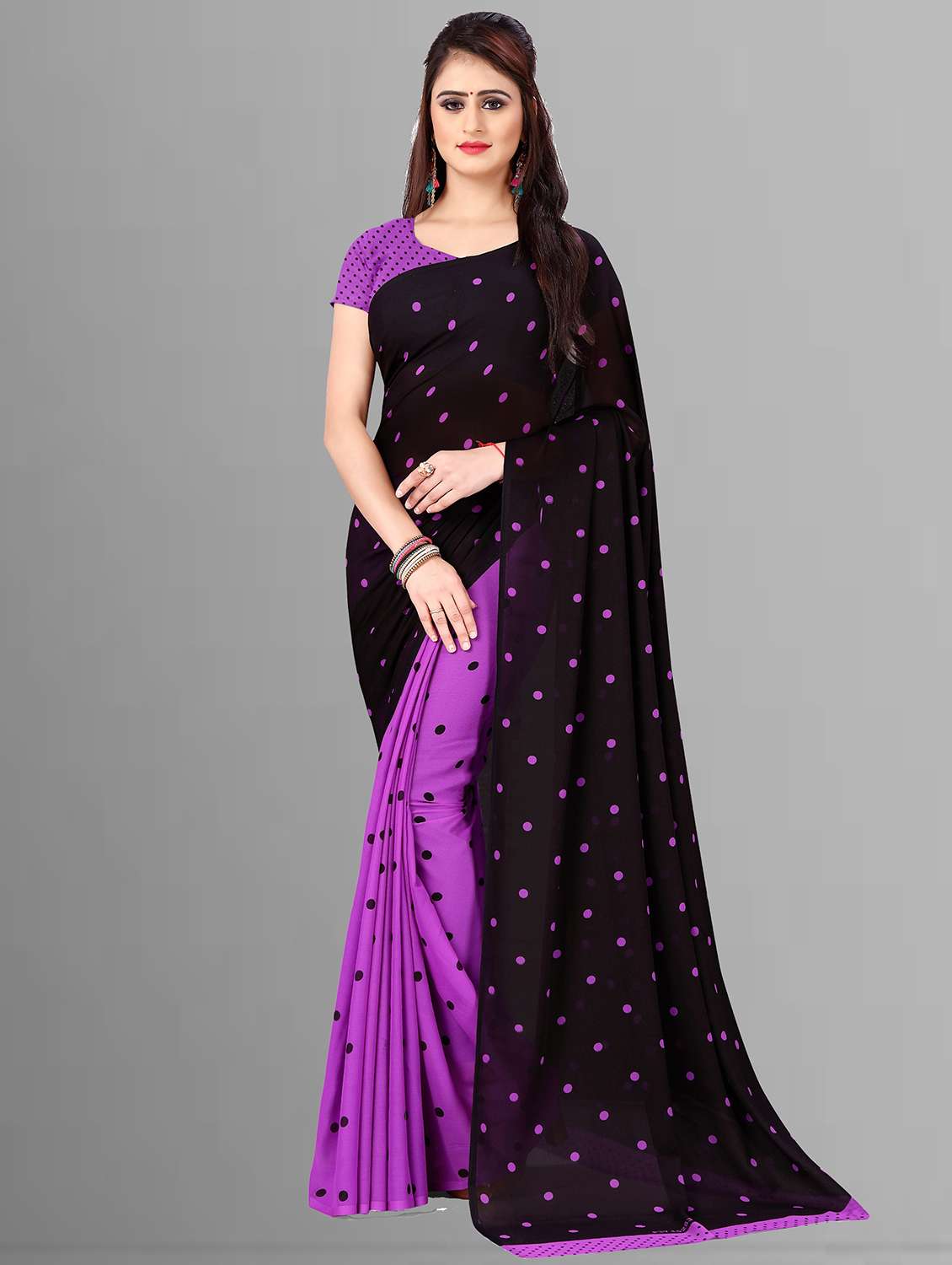 women black polka dots printed saree with blouse