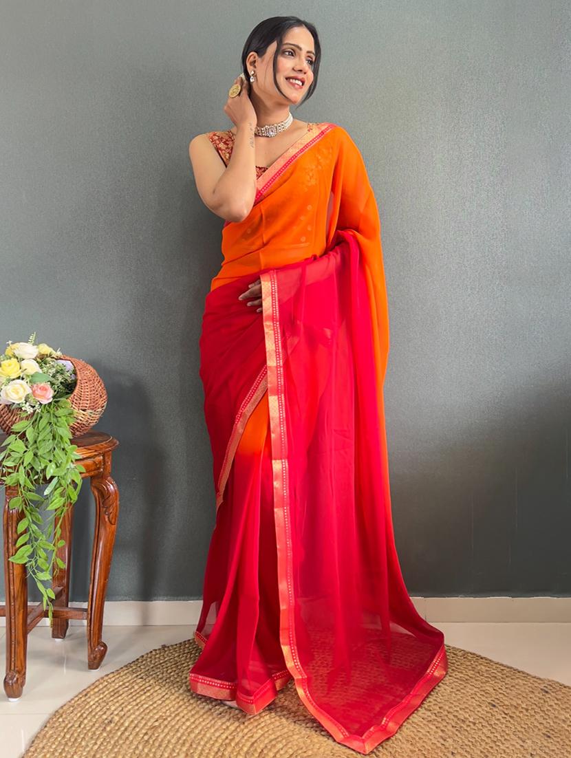 women red ombre bordered saree with blouse - 21411962 - Zoom Image - 0