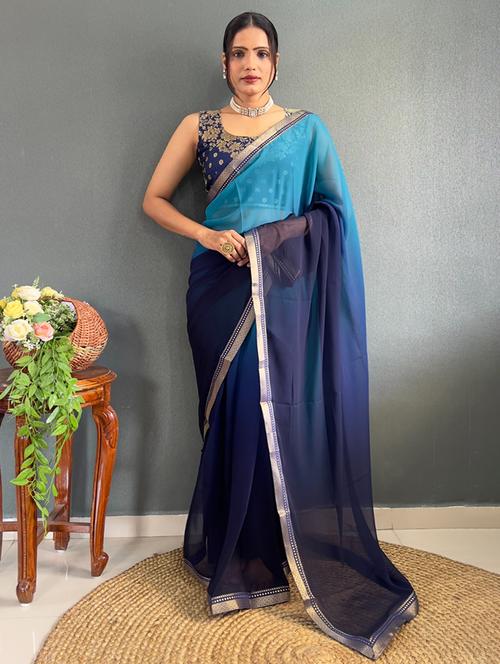 women blue ombre bordered saree with blouse - 21411963 -  Standard Image - 0