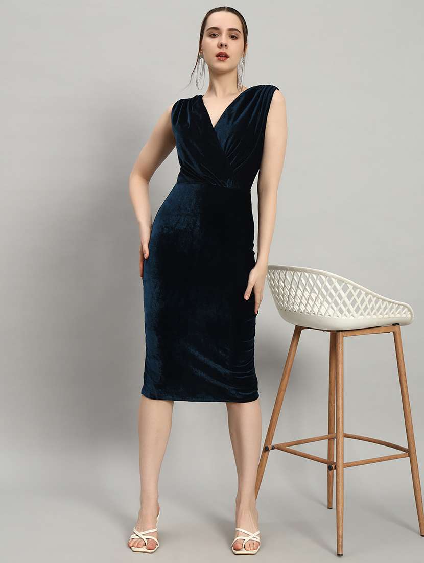 women navy blue velvet bodycon dress