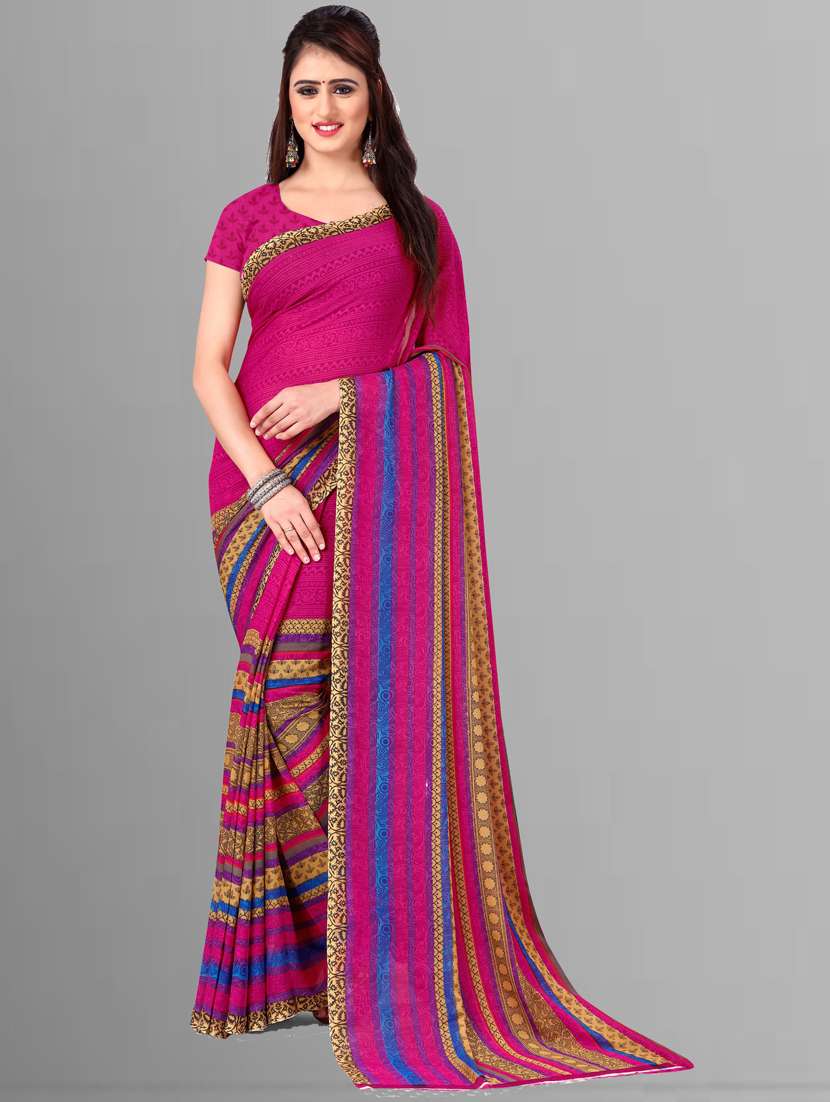 women pink stripes printed georgette saree with blouse - 21412469 -  Zoom Image - 0