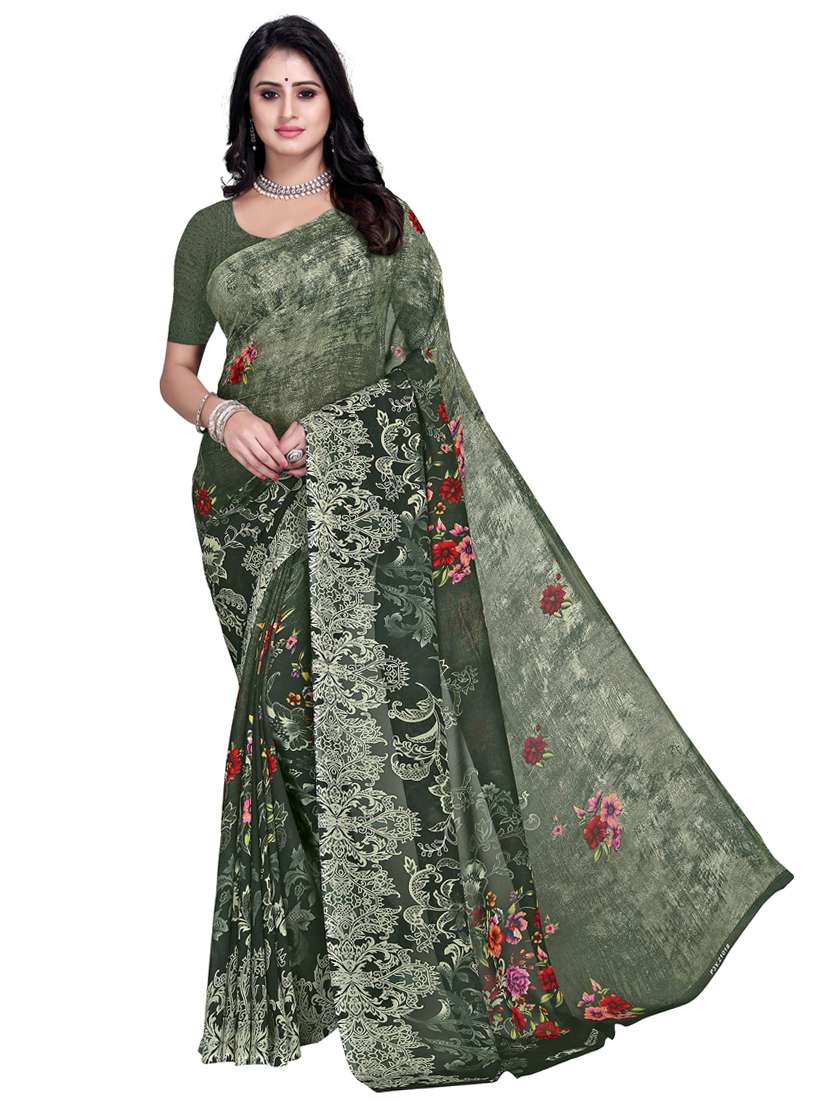 women green floral printed saree with blouse