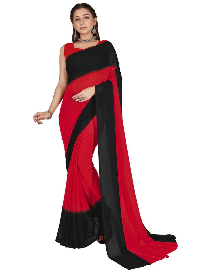 women red solid georgette saree with blouse
