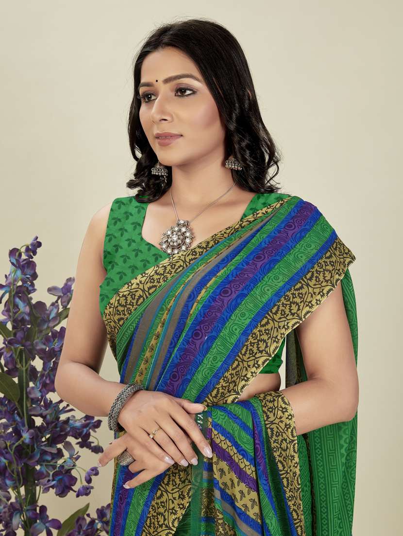 women green stripes printed saree with blouse - 21412875 -  Standard Image - 2