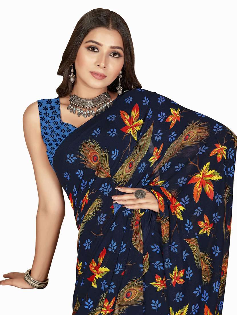 women blue printed georgette saree with blouse - 21412896 -  Standard Image - 2