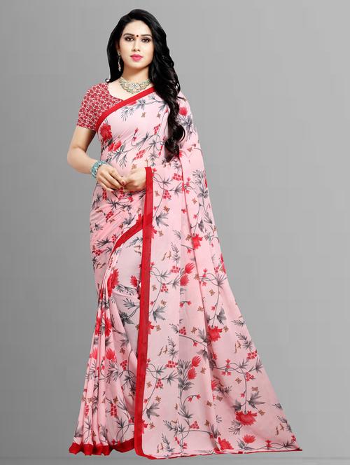 women pink floral printed saree with blouse - 21412989 -  Standard Image - 0