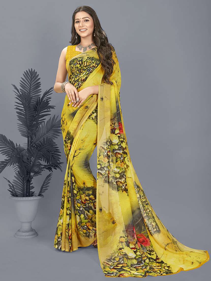 women yellow printed saree with blouse