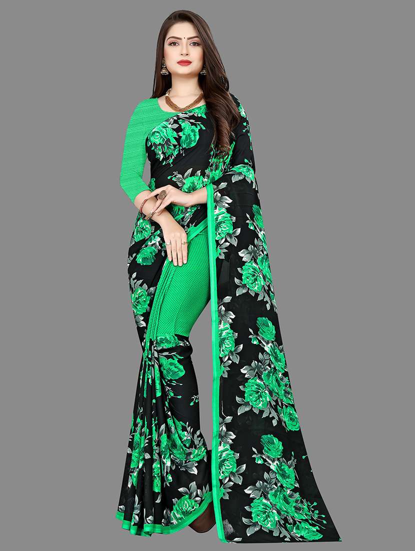 women green floral printed saree with blouse