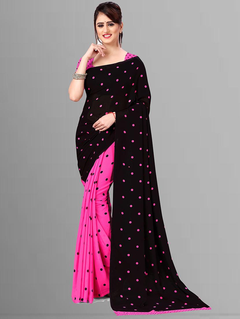 women pink polka dots printed saree with blouse - 21414014 - Zoom Image - 0