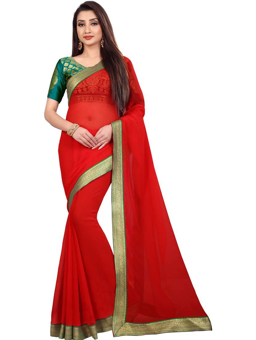 women solid with bordered saree with blouse