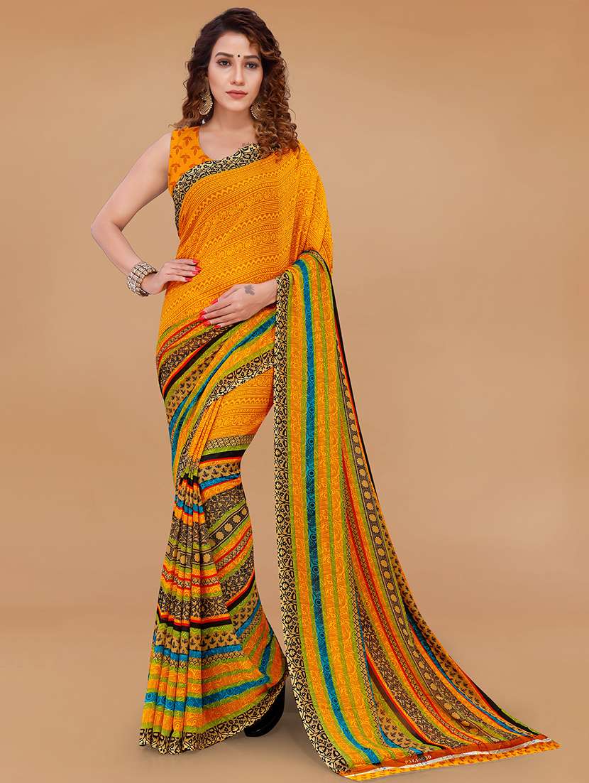 multi colored georgette printed saree with blouse