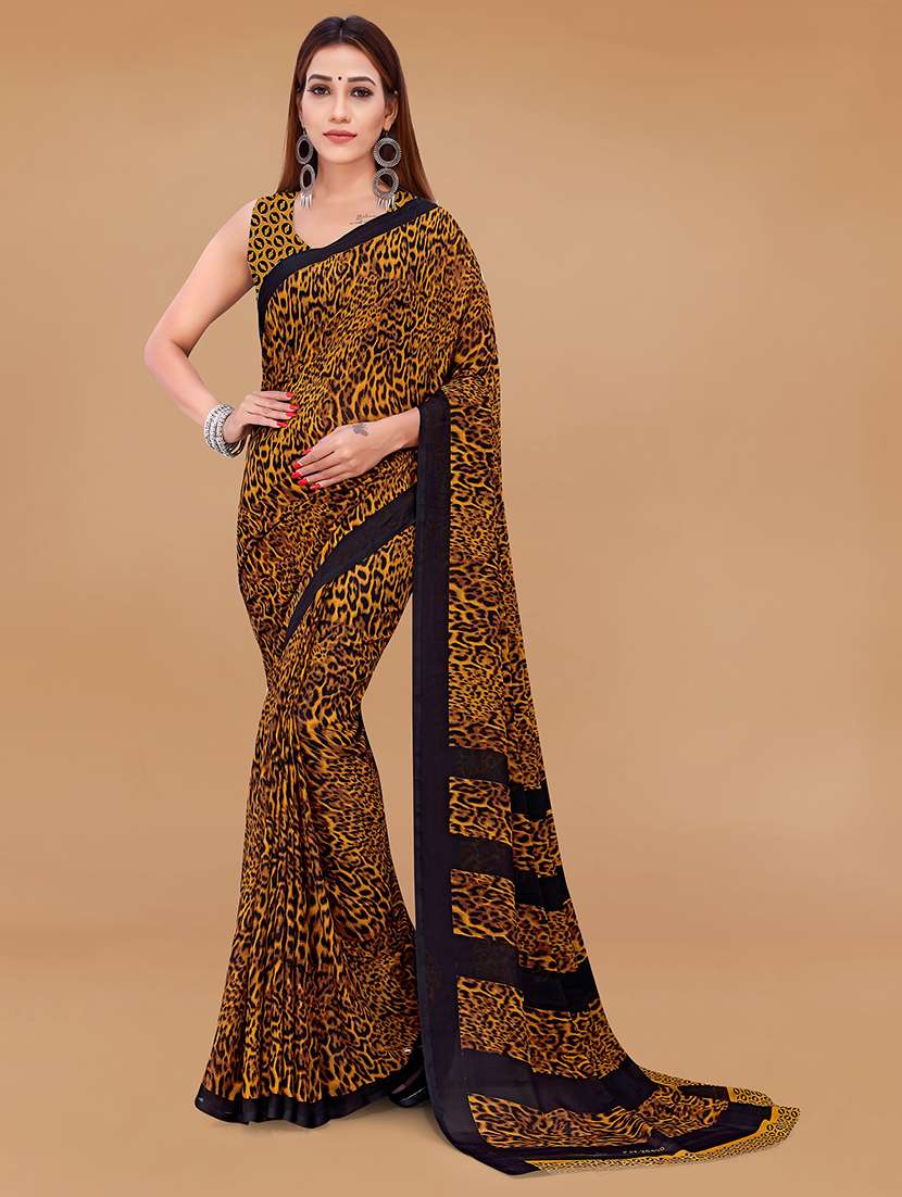 women mustard animal print saree with blouse