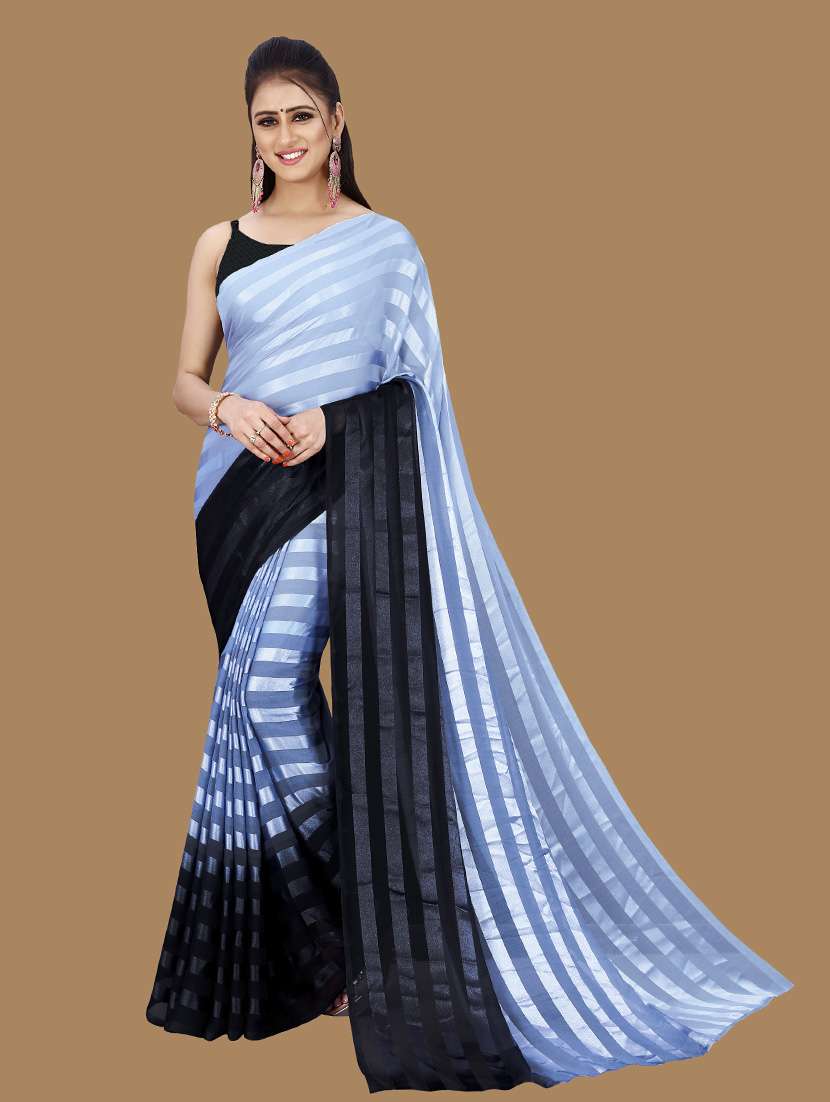 women grey stripes printed saree with blouse