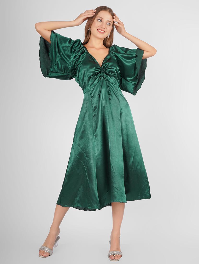 women bottle green satin a-line dress - 21449863 - Zoom Image - 0