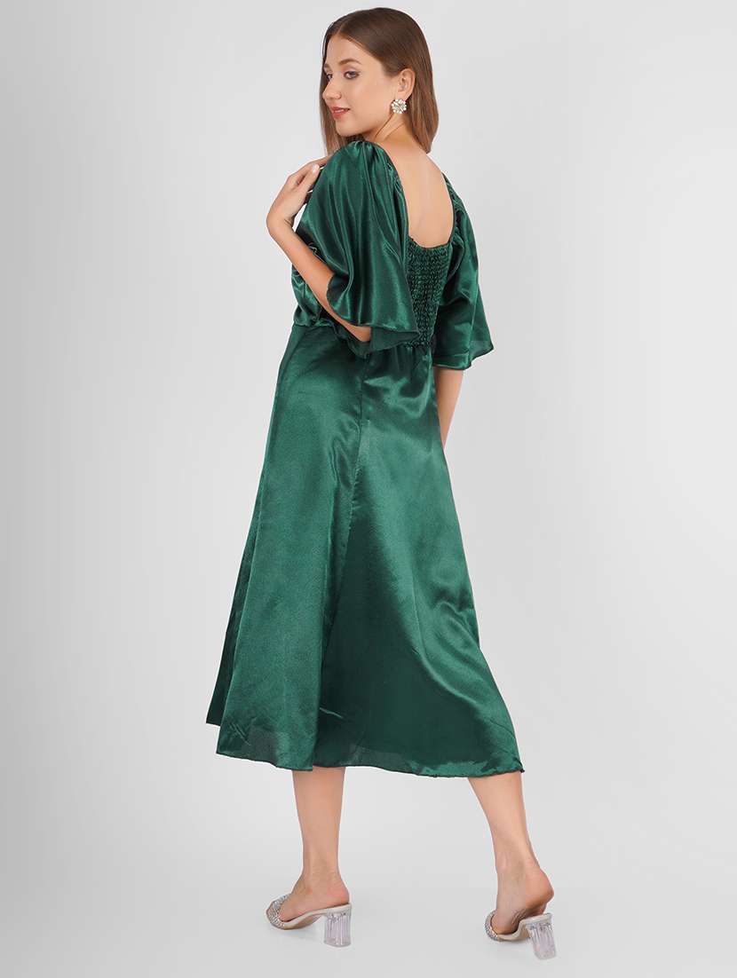 Women Bottle Green Satin A Line Dress