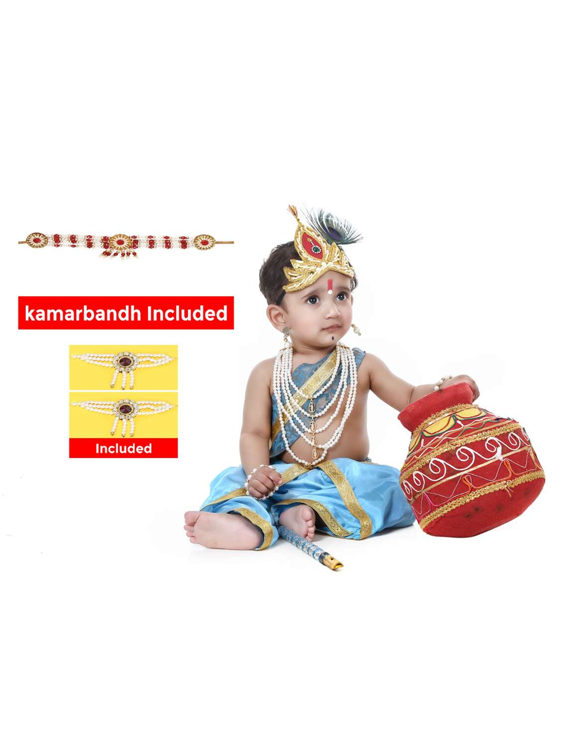 lord krishna costume complete with a peacock-feather mukut and a bansuri