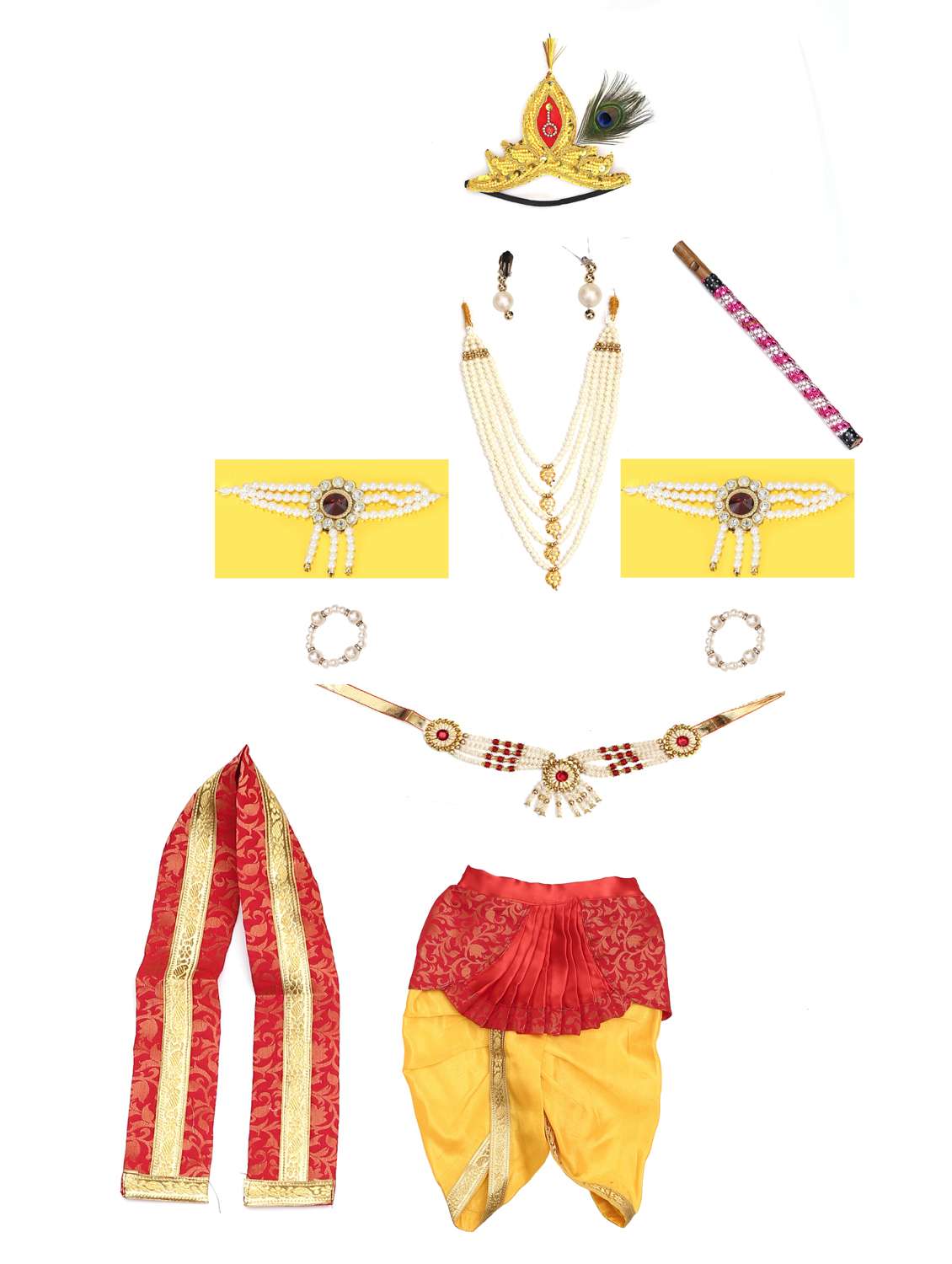 lord krishna costume complete with a peacock-feather mukut and a bansuri