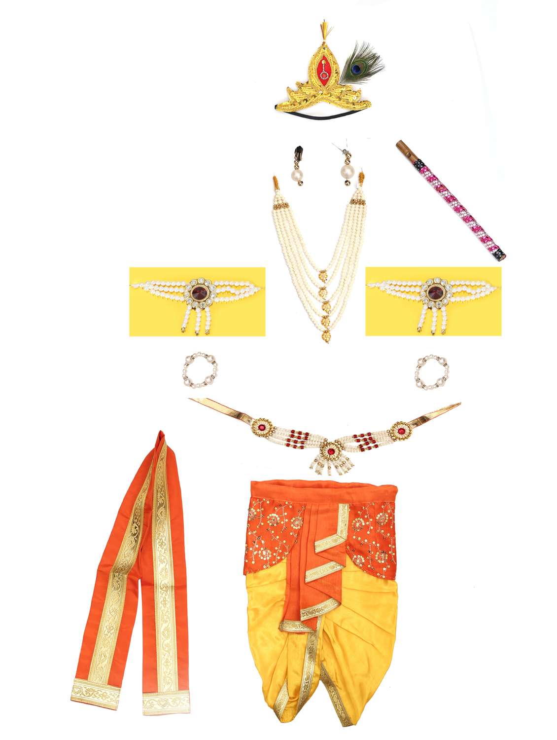 lord krishna costume complete with a peacock-feather mukut and a bansuri