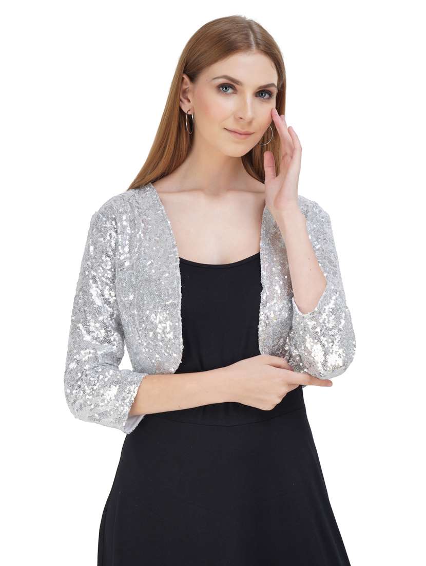 women silver polyester regular shrug