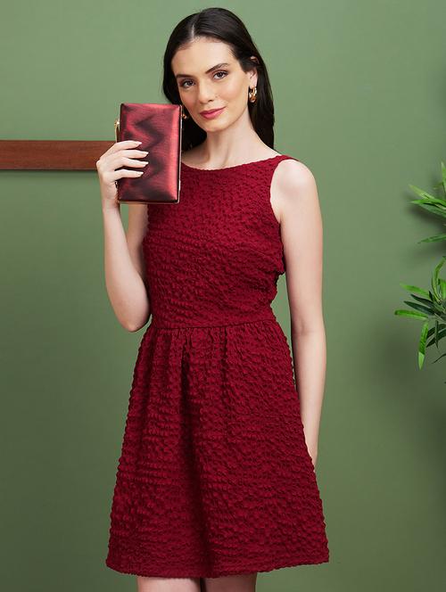 globus women red structured fabric boat neck with stylised back gathered fit & flare party dress - 21450390 - Standard Image - 0