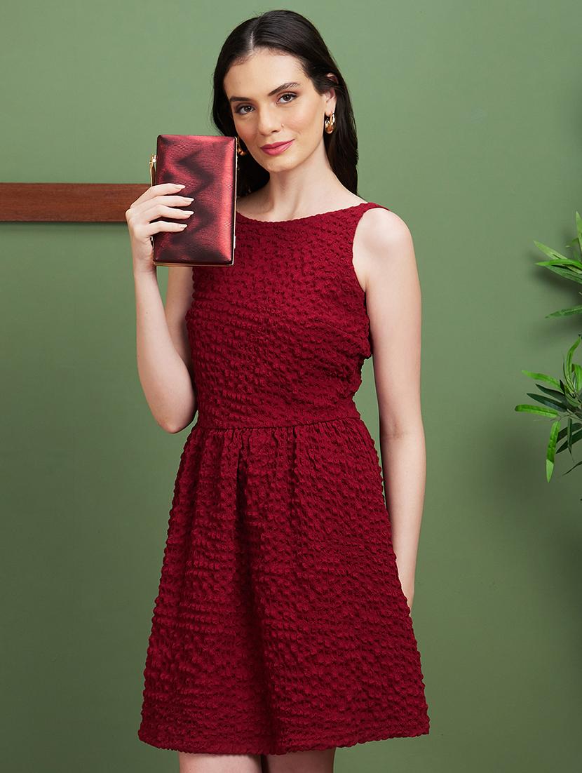 globus women red structured fabric boat neck with stylised back gathered fit & flare party dress - 21450390 - Zoom Image - 0
