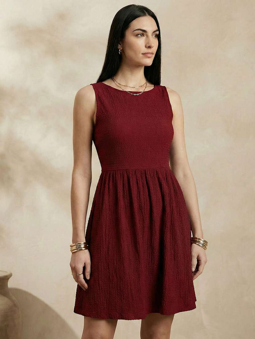 globus women red structured fabric boat neck with stylised back gathered fit & flare party dress