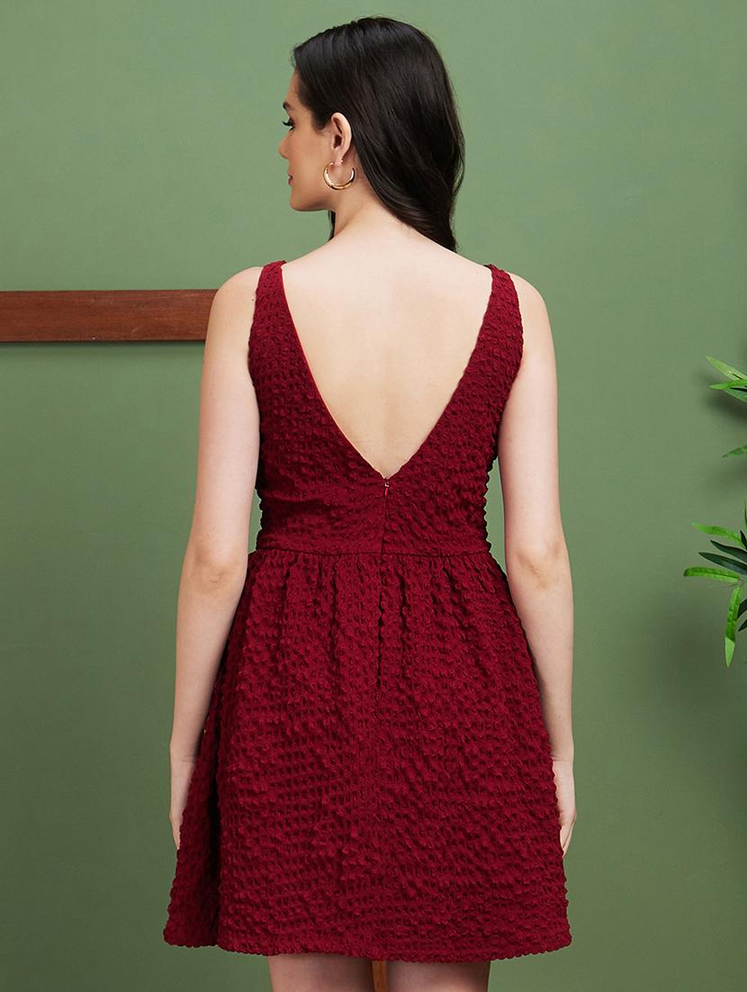 globus women red structured fabric boat neck with stylised back gathered fit & flare party dress - 21450390 - Standard Image - 2