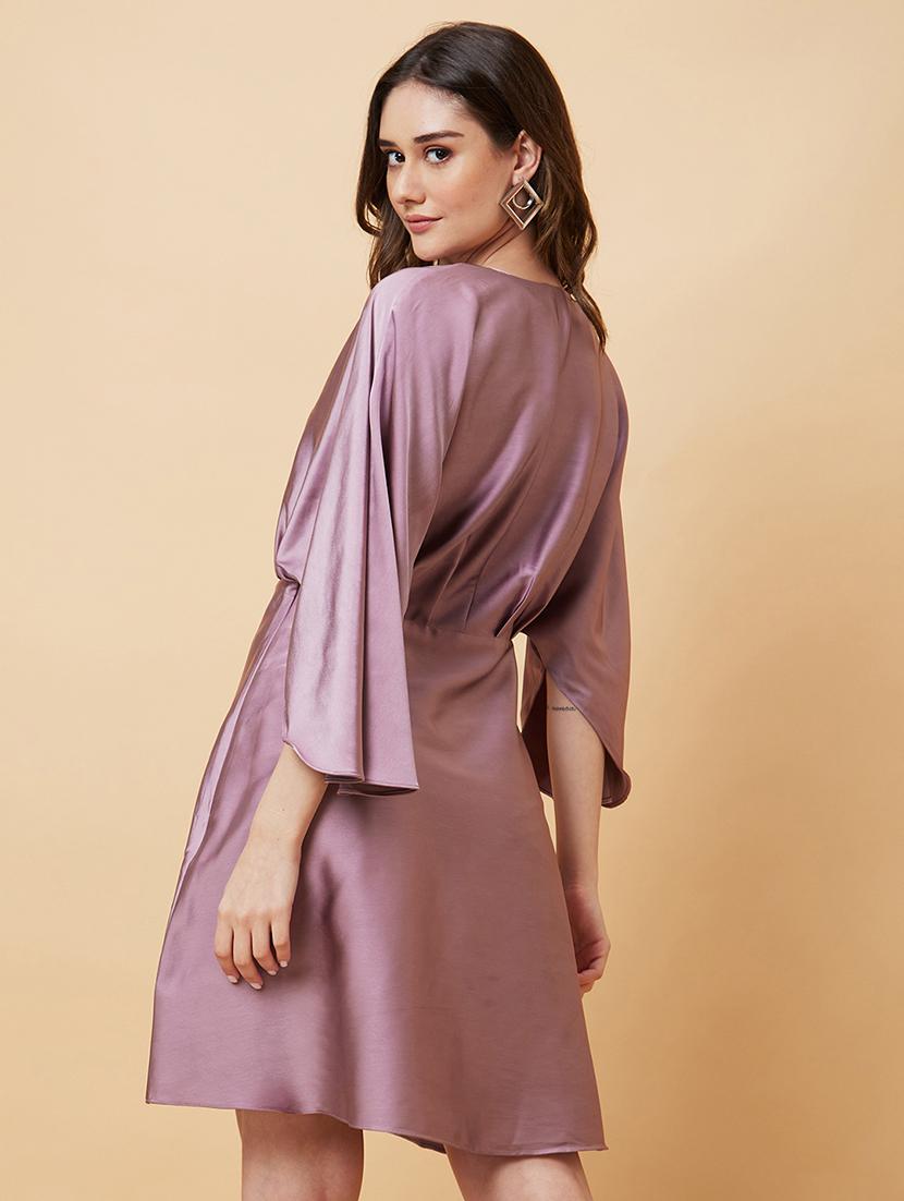 globus women mauve wrap neck flared sleeves a-line party dress - 21450395 - Standard Image - 2