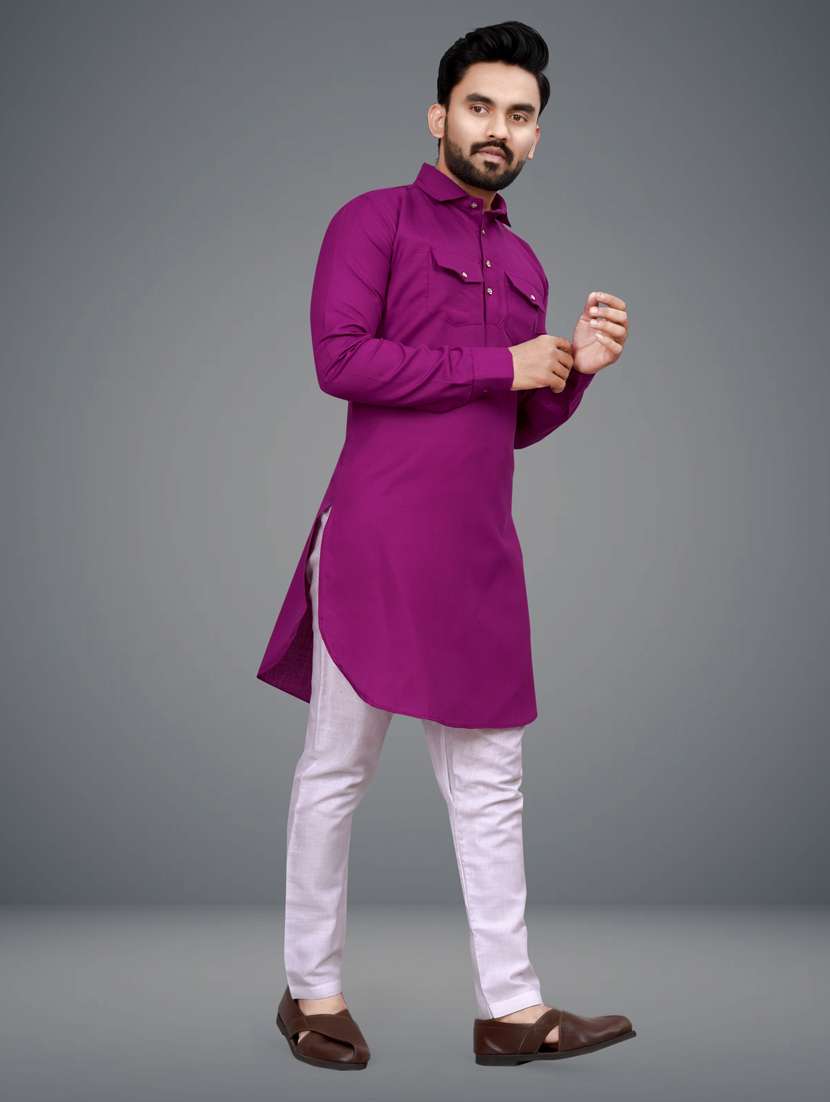 men purple cotton blend long kurta - 21450678 - Standard Image - 2