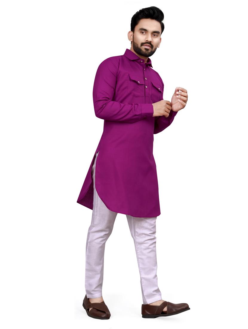 men purple cotton blend long kurta - 21450690 - Standard Image - 2