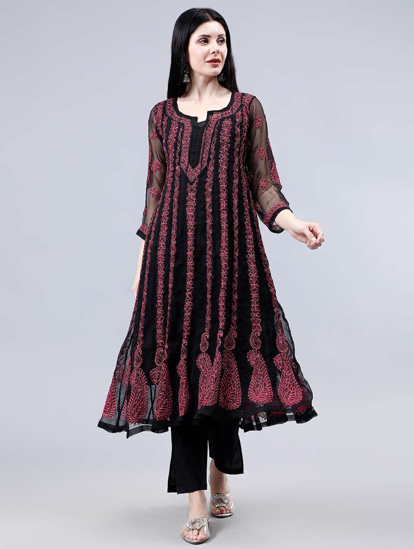 women three quarter sleeve chikankari work kurta  - 21450758 -  Standard Image - 2