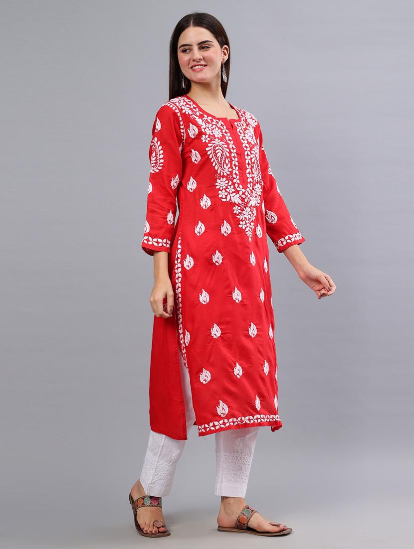 women three quarter sleeve chikankari work kurta - 21450762 - Standard Image - 2