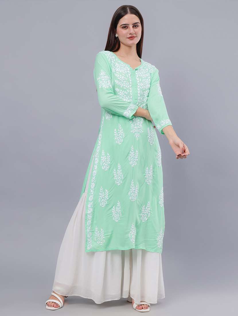 women three quarter sleeve chikankari work kurta 