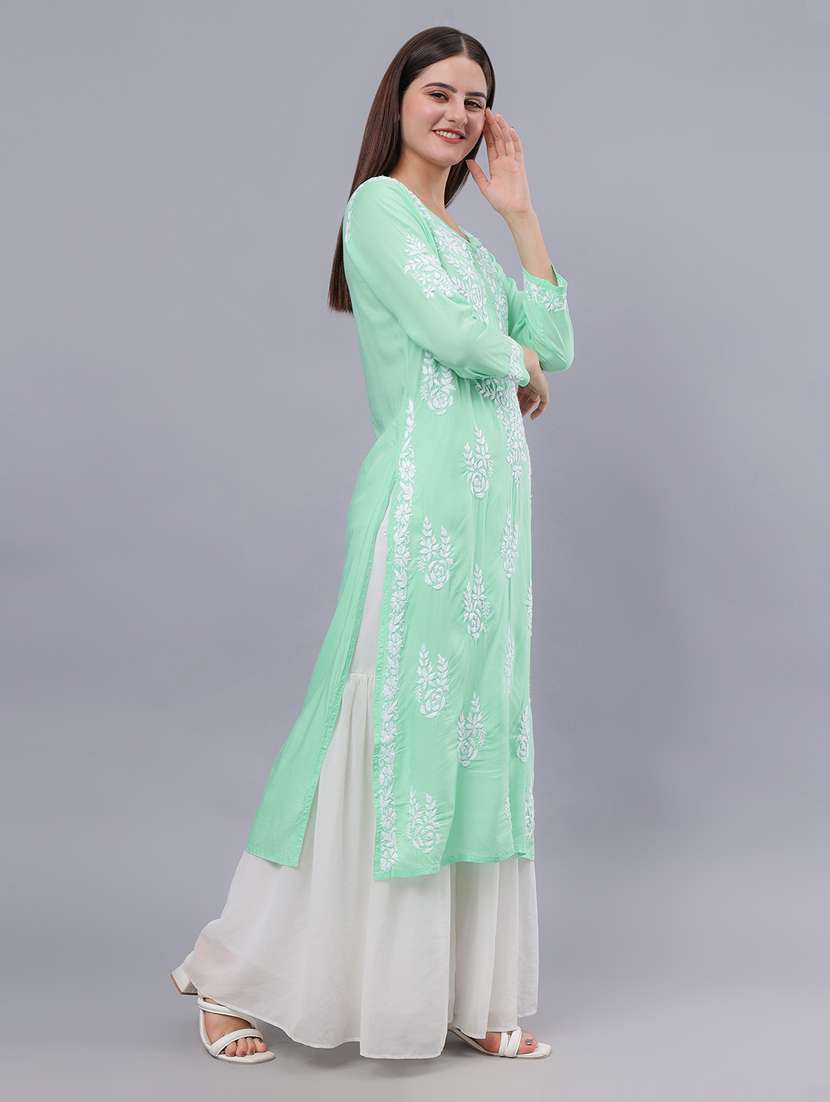 women three quarter sleeve chikankari work kurta  - 21450766 -  Standard Image - 2