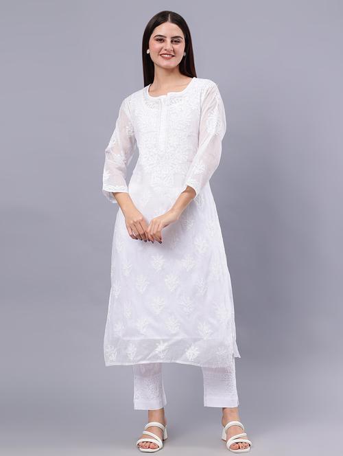 women three quarter sleeve chikankari work kurta - 21450768 - Standard Image - 0