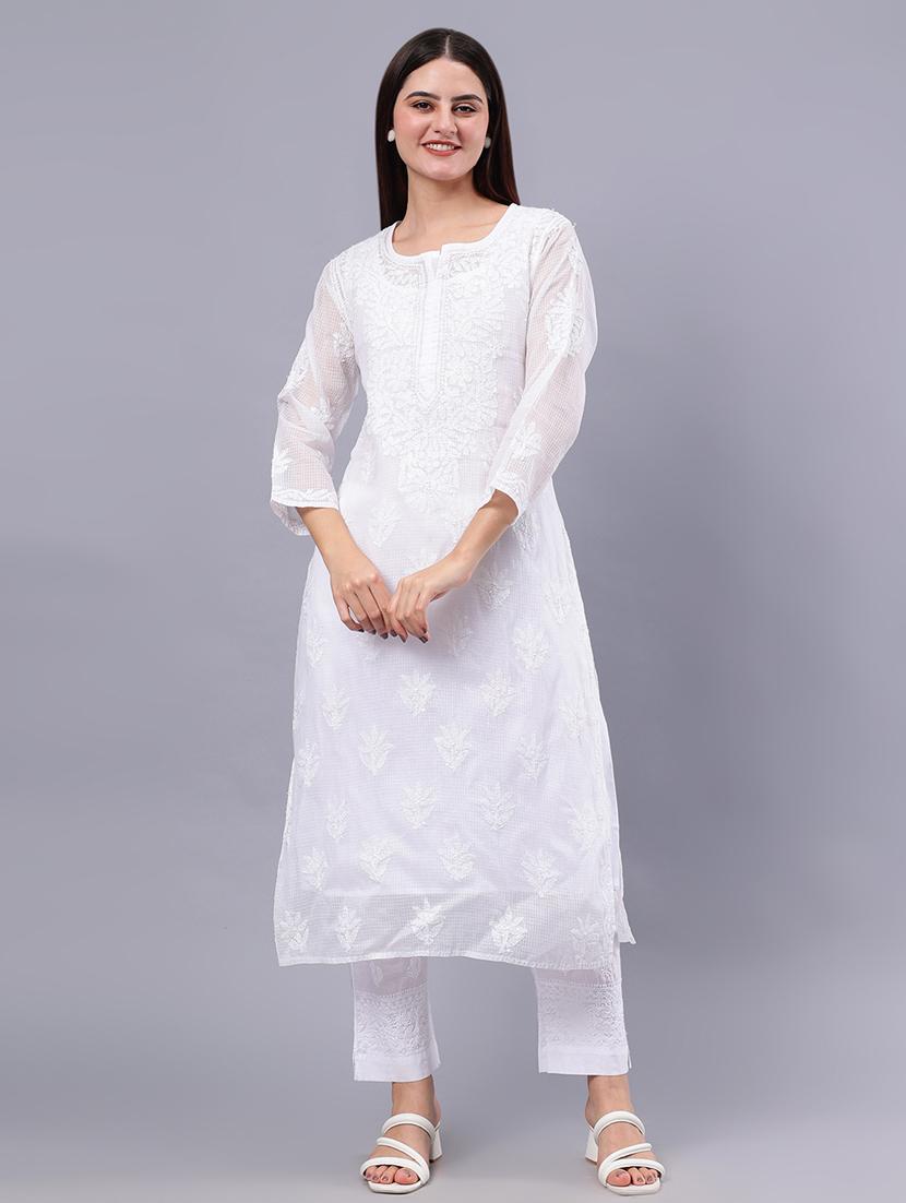 women three quarter sleeve chikankari work kurta - 21450768 - Zoom Image - 0