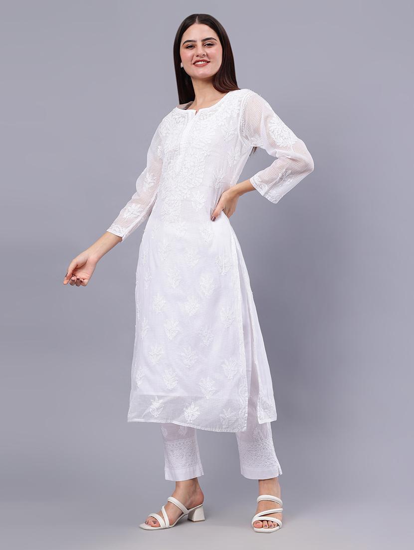 women three quarter sleeve chikankari work kurta - 21450768 - Standard Image - 2