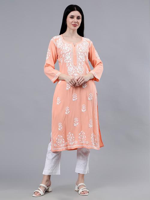 women three quarter sleeve chikankari work kurta  - 21450769 -  Standard Image - 0