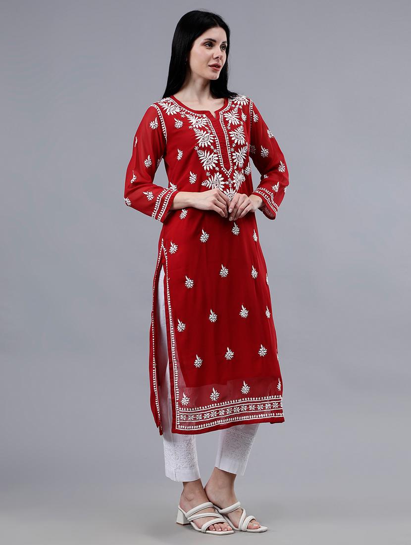 women three quarter sleeve chikankari work kurta - 21450779 - Standard Image - 2
