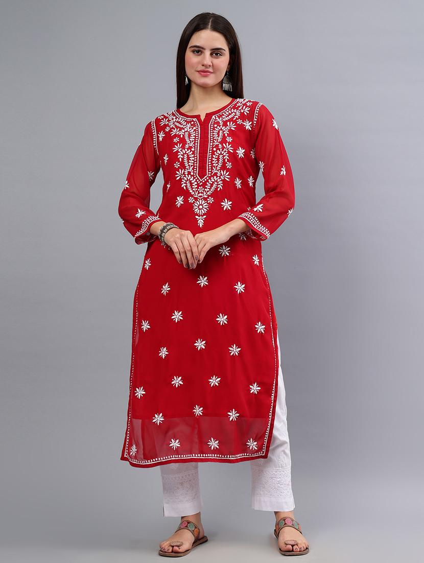 women three quarter sleeve chikankari work kurta  - 21450781 -  Zoom Image - 0